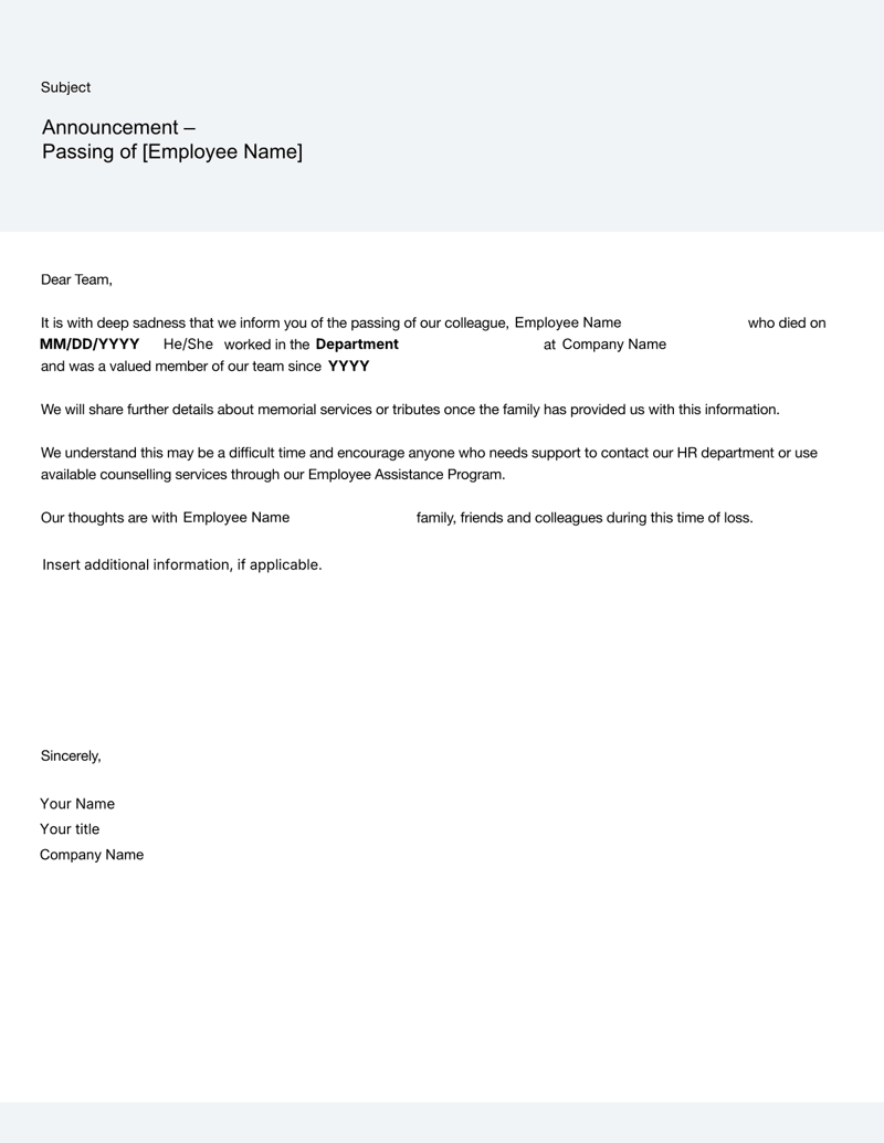 Formal workplace announcement template informing staff of a colleague’s passing with sections for date, subject, employee name, support resources and sender signature