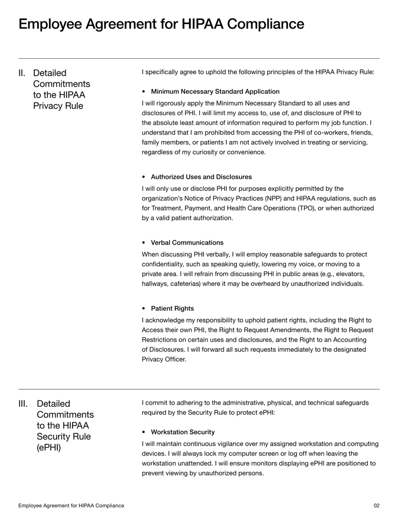 Employee HIPAA Compliance Form acknowledging responsibilities for PHI privacy, security and breach reporting