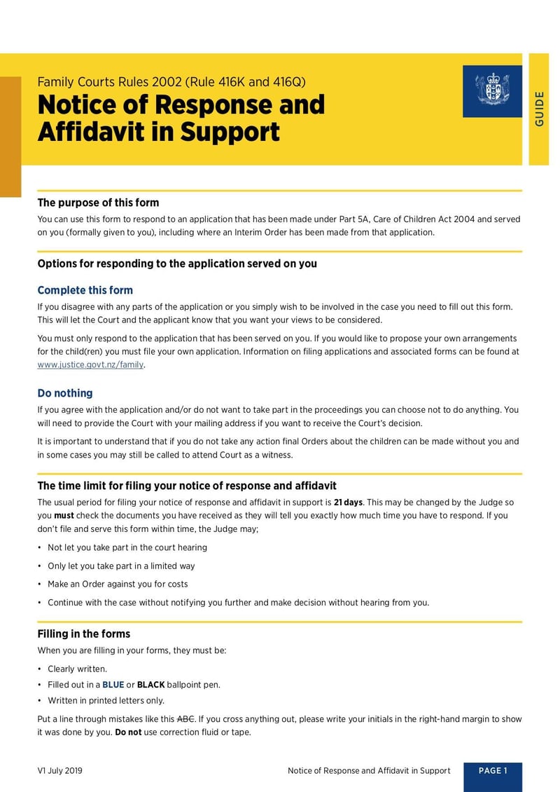 Large thumbnail of Notice of Response and Affidavit in Support Form - Oct 2019