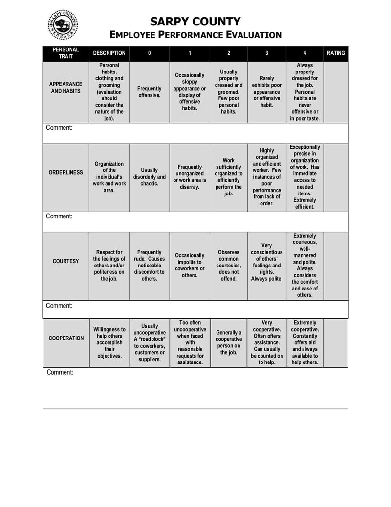 Large thumbnail of Performance Evaluation Form - Oct 2018