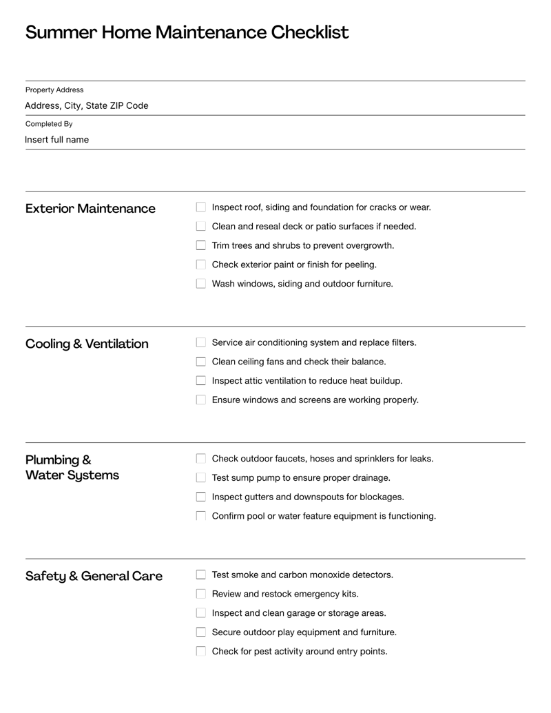 Summer Home Maintenance Checklist with tasks for air conditioning, roof and siding inspection, plumbing checks and outdoor safety preparation