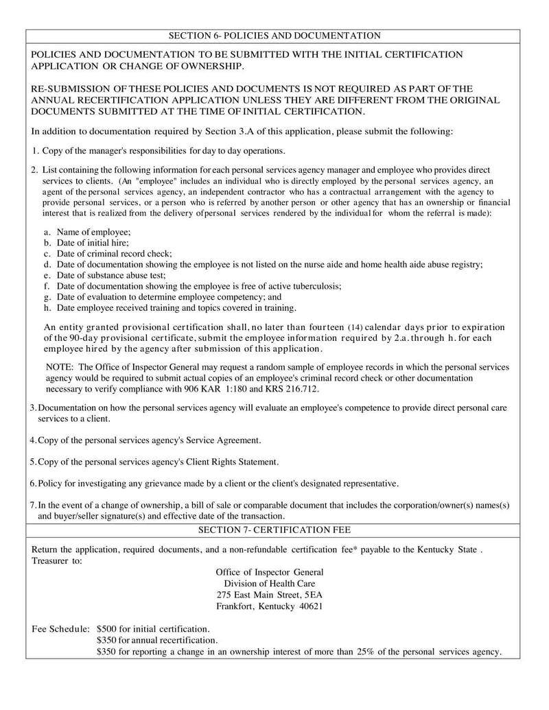 Large thumbnail of Kentucky State Application for Certification to Operate a Personal Services Agency