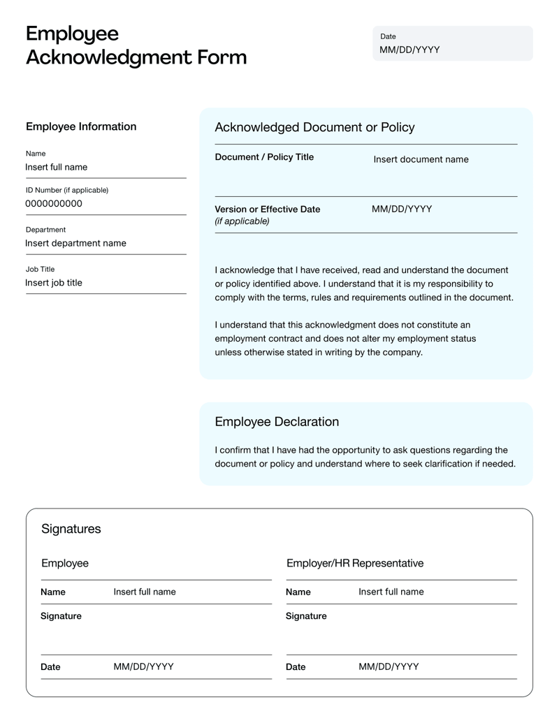 Employee Acknowledgment Form confirming receipt and understanding of company policies with signature fields
