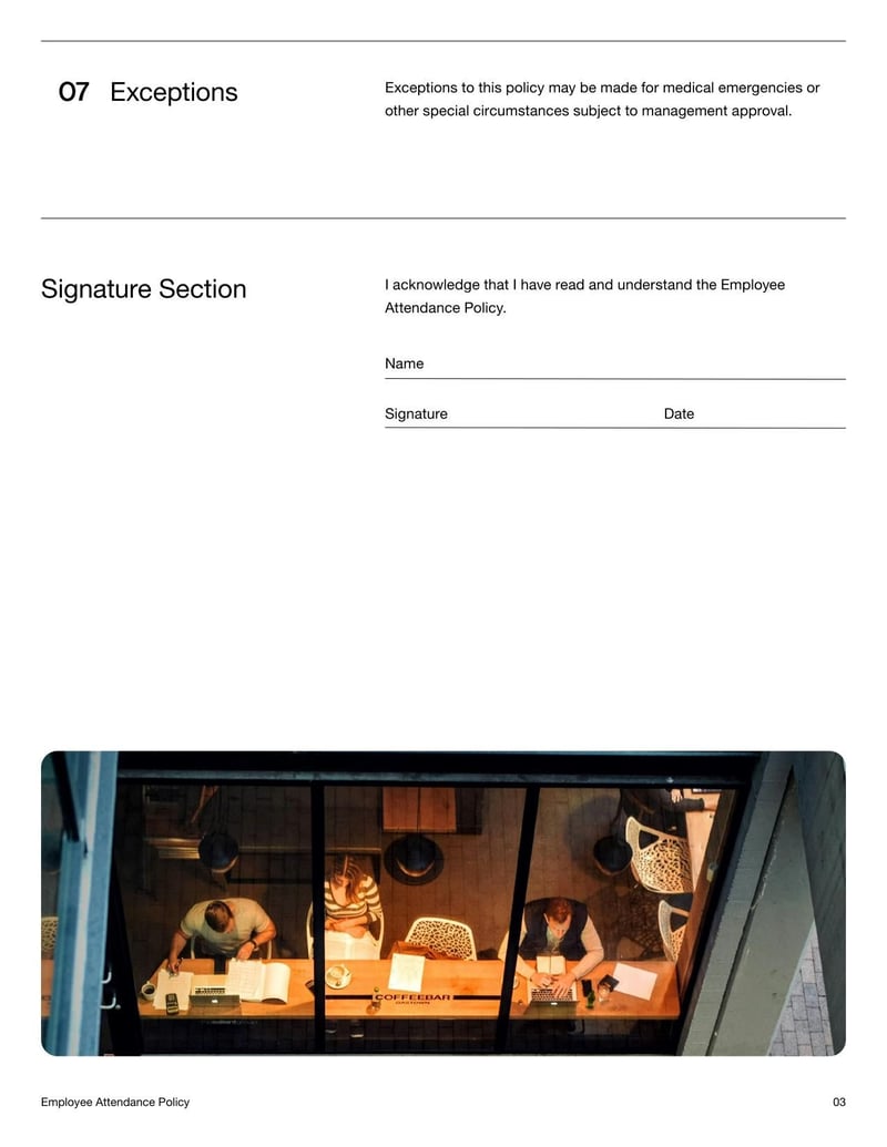 Employee Attendance Policy Document outlining expectations for punctuality and work hours