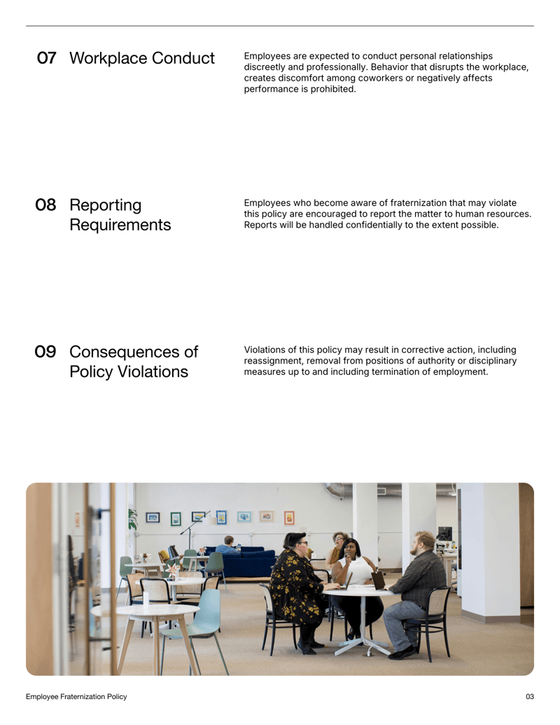 Employee Fraternization Policy with definitions, disclosure requirements, professional conduct expectations and acknowledgment section