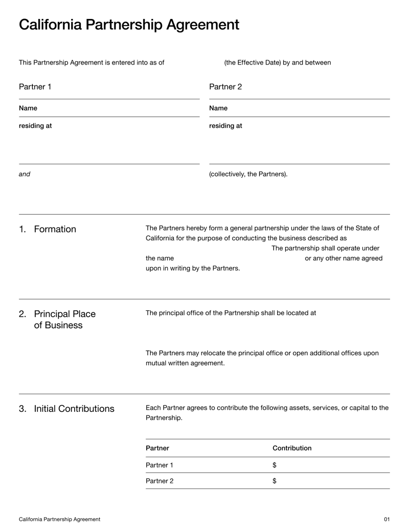 Partnership Agreement for California outlining formation, contributions, management rules and dissolution procedures