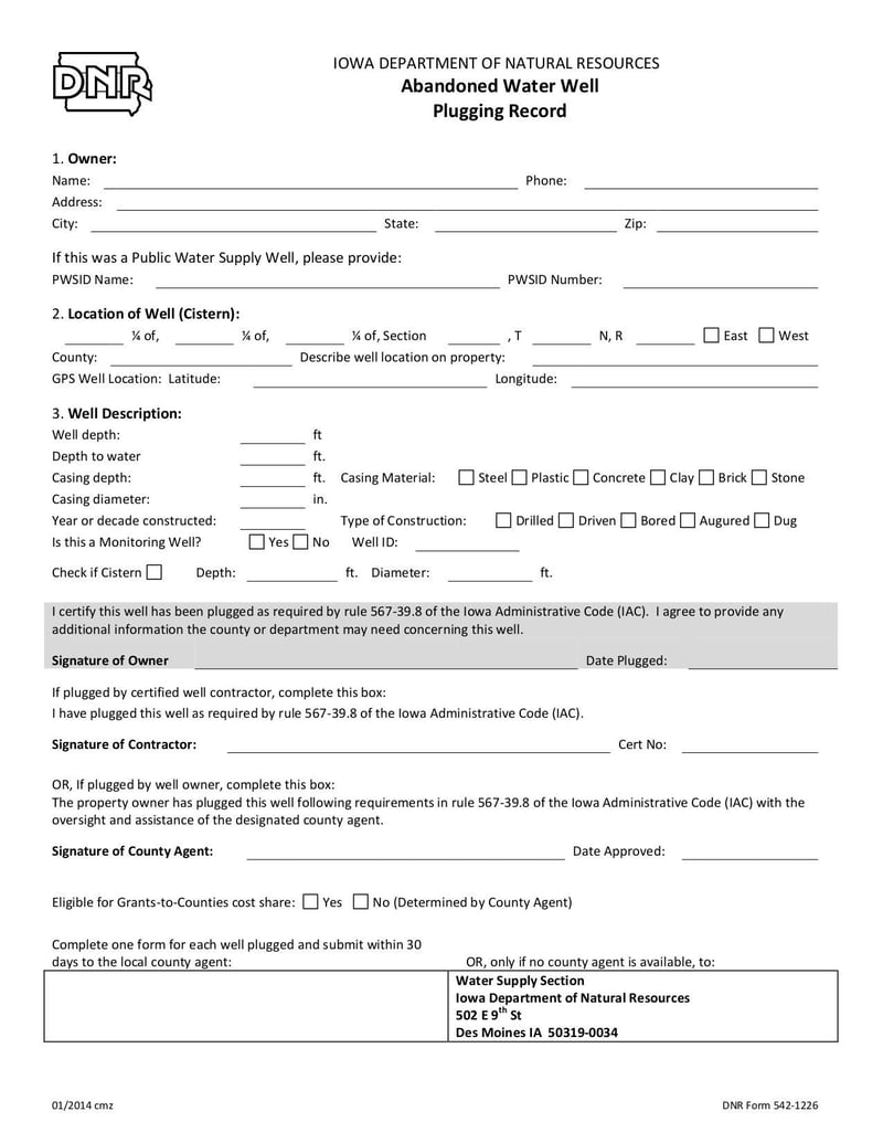 Large thumbnail of Abandoned Water Well Plugging Record - Jan 2014