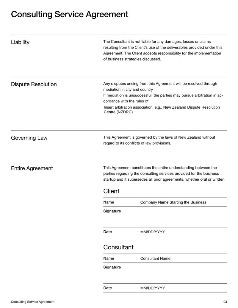 Service Agreement Template for New Zealand for establishing terms of service delivery between parties