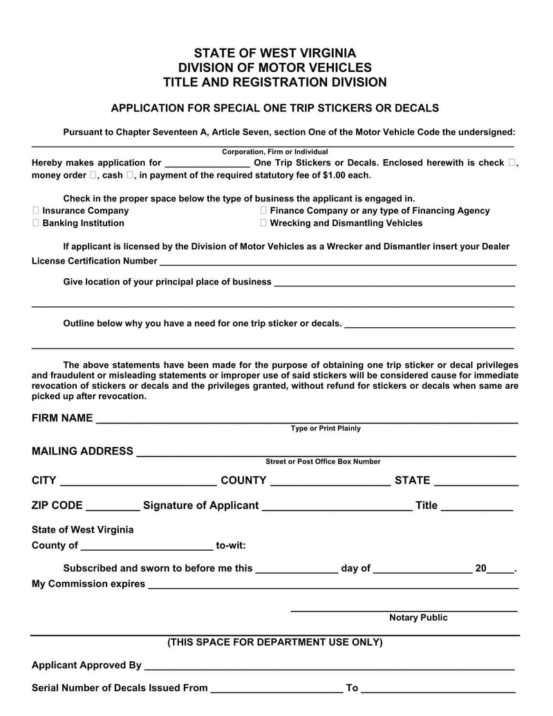 Large thumbnail of West Virginia Application for a House Trailer One Trip Permit