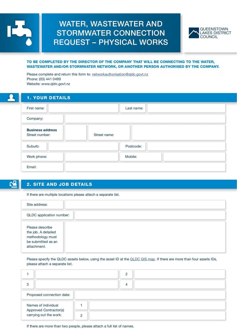 Thumbnail of QLDC Water Wastewater Stormwater Network Connection Request Form - Aug 2020 - page 0
