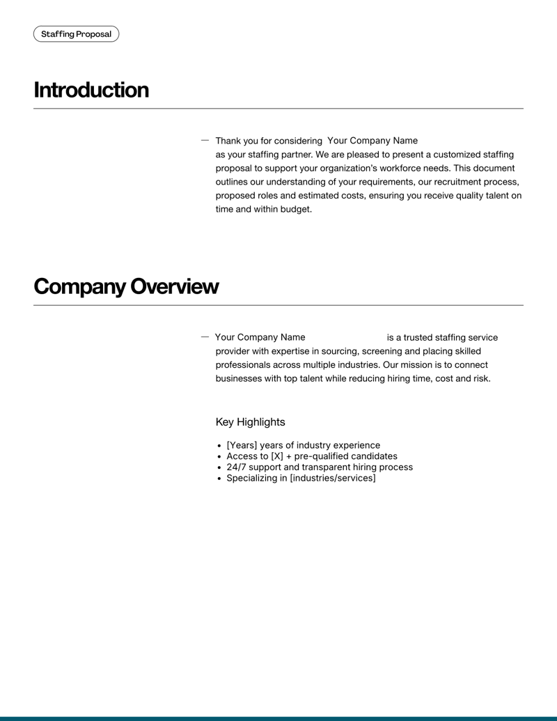 Staffing Proposal Template for agencies presenting workforce solutions to clients