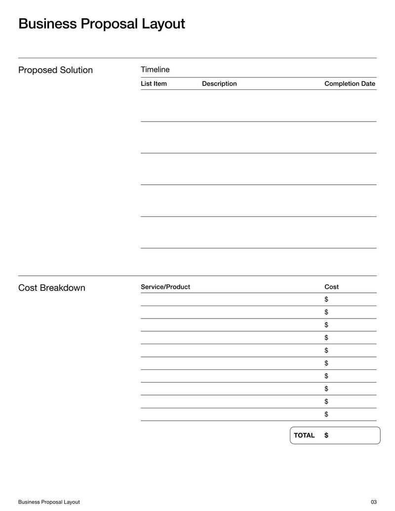 Business Proposal Layout for structuring a proposal to present to stakeholders or clients