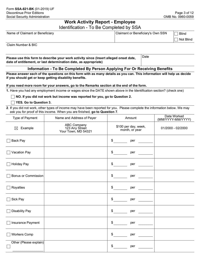 Large thumbnail of Work Activity Report (Form SSA-821-BK) - Jan 2019