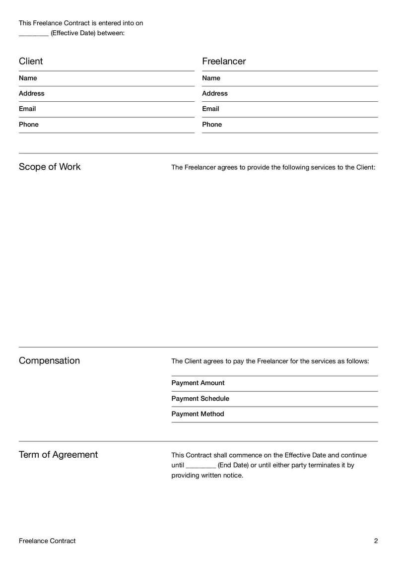 Freelance contract template for outlining terms and conditions between freelancers and clients