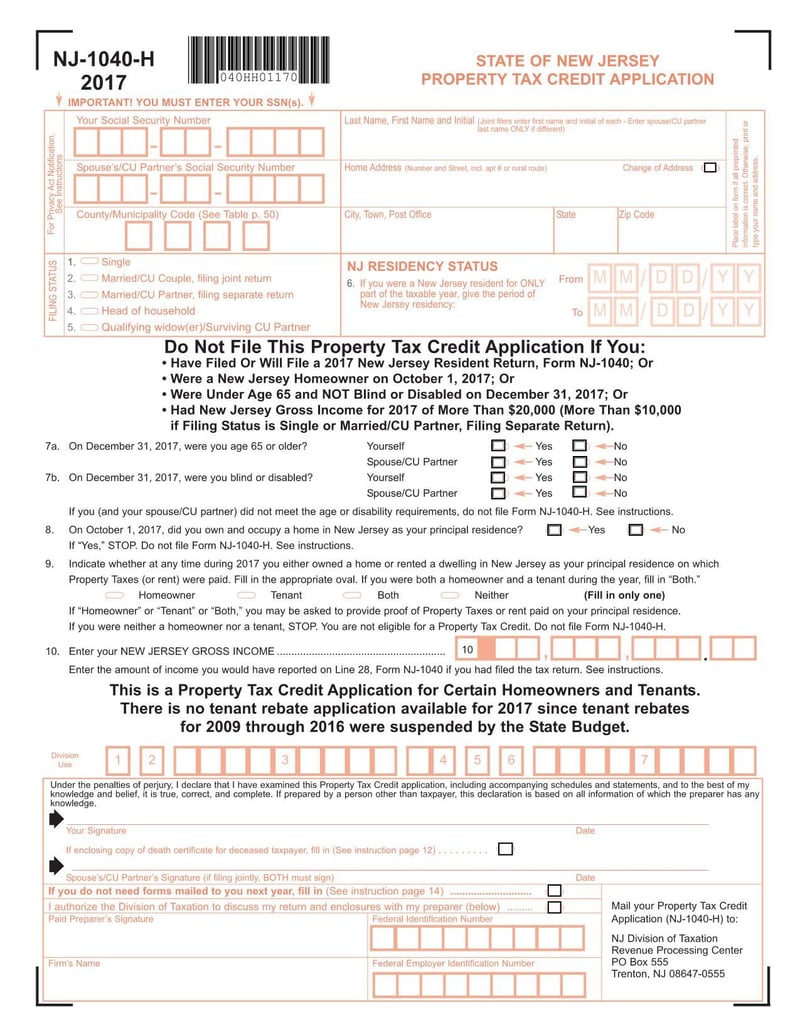 Large thumbnail of Property Tax Credit Application (Form NJ-1040-H) - 2017