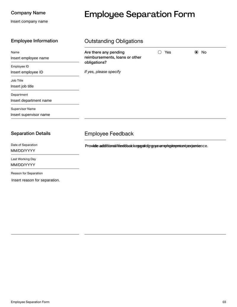 Employee Separation Form for documenting the details and reasons for an employee’s departure from a company