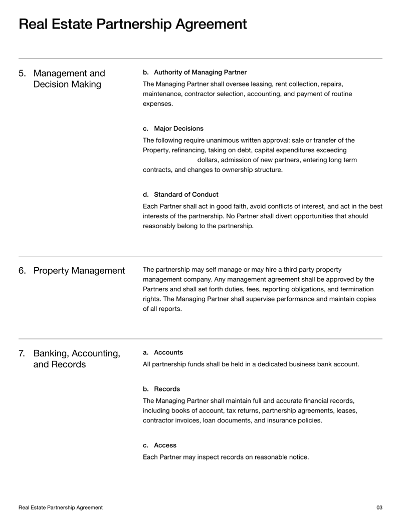 Real Estate Partnership Agreement covering contributions, ownership, management duties and partner rights