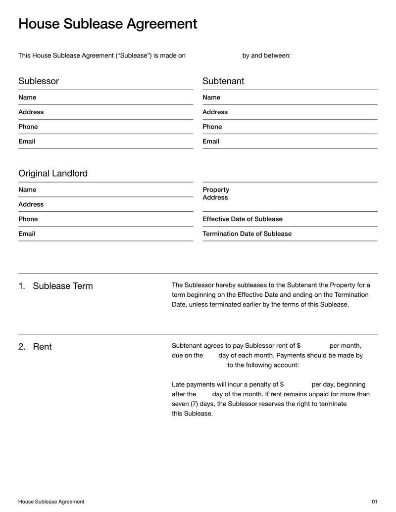 House Sublease Agreement for outlining lease transfer terms