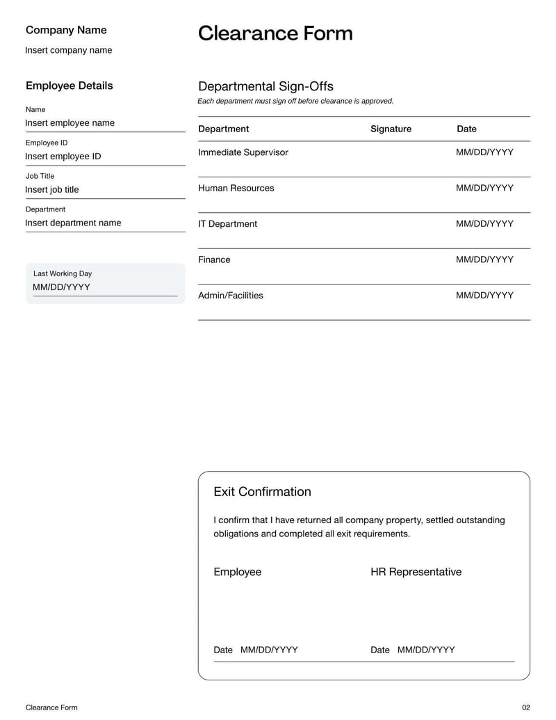 Clearance Form for confirming all obligations are fulfilled before an individual departs or equipment is returned