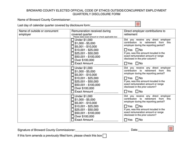 Large thumbnail of Broward County Elected Official Code of Ethics Outside/Concurrent Employment Quarterly Disclosure Form