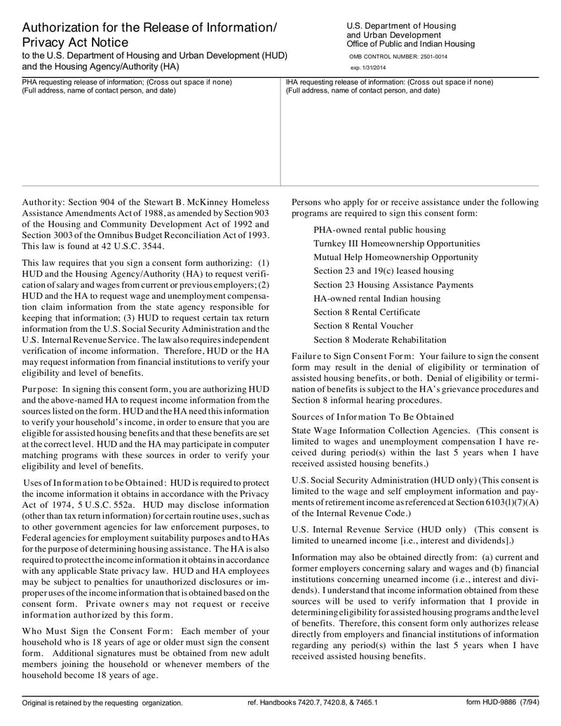 Thumbnail of HUD 9886 Authorization for Release of Information - Jul 1994 - page 0