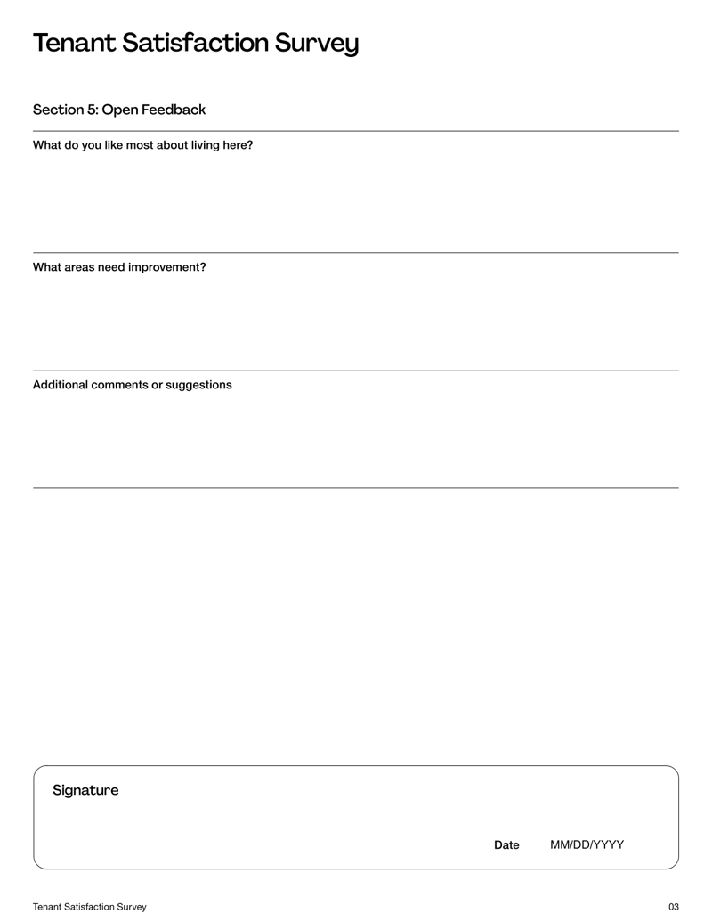 Tenant Satisfaction Survey form with sections for property condition, management, amenities and open feedback