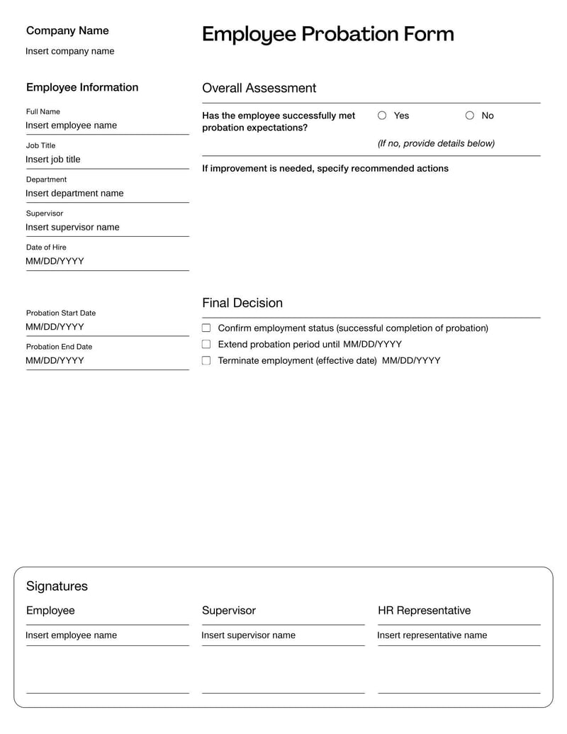 Employee Probation Form evaluating new hires' performance during initial employment period