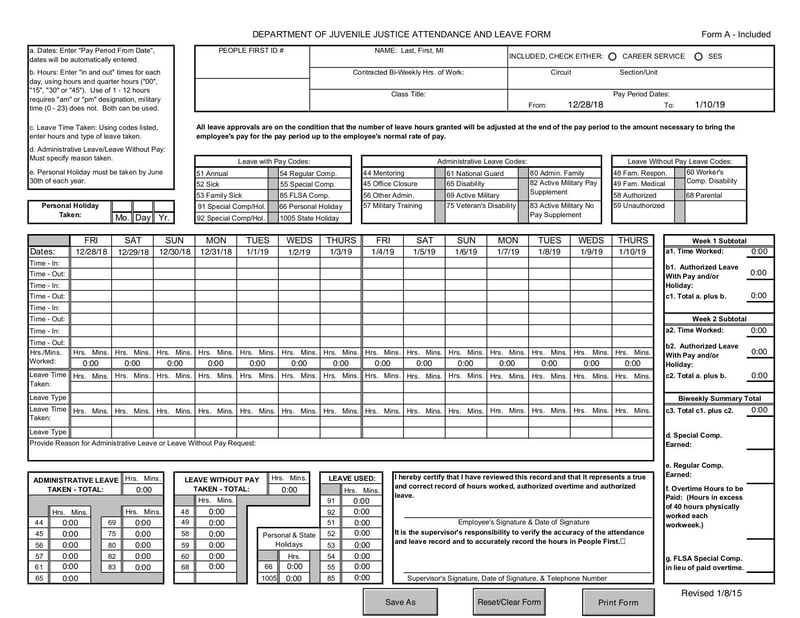 Large thumbnail of Department of Juvenile Justice Attendance and Leave Form - Jan 2019