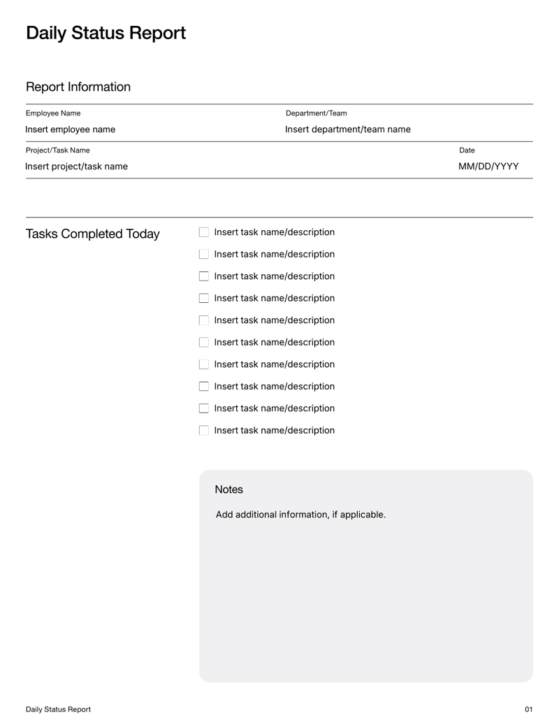 Daily Status Report with sections for completed tasks, ongoing work, planned tasks and daily notes
