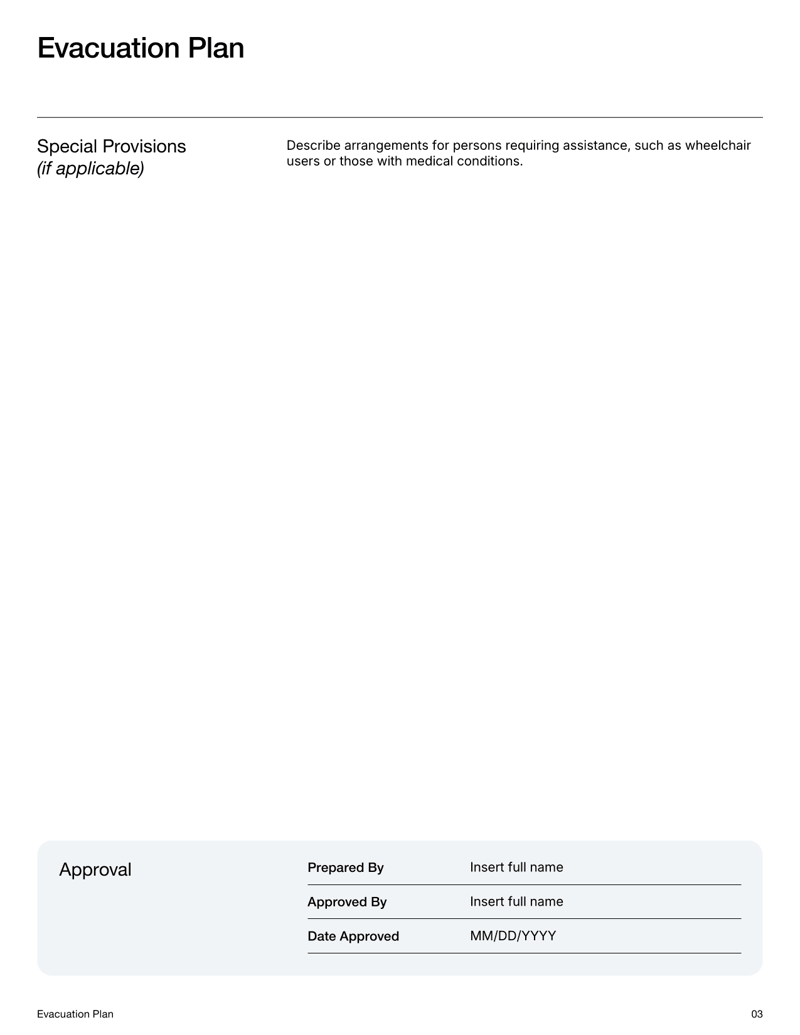 Evacuation Plan Template with sections for emergency routes, assigned safety roles and evacuation procedures