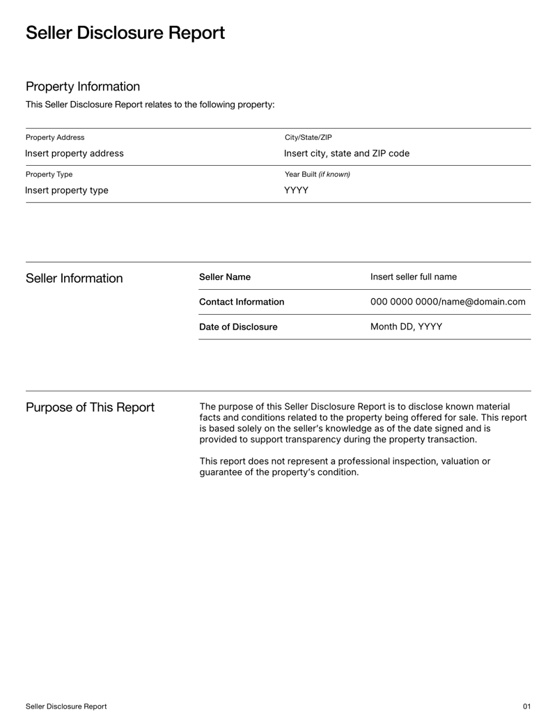 Seller Disclosure Report document with narrative sections for property condition, systems, repairs, legal matters and seller declaration