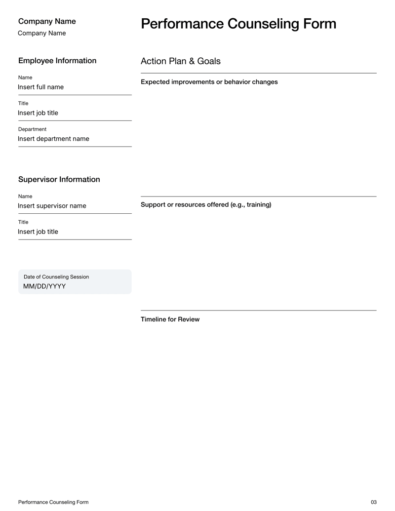 Performance Counseling Form showing fields for employee and supervisor info, issue description, action plan, follow-up timeline and signatures