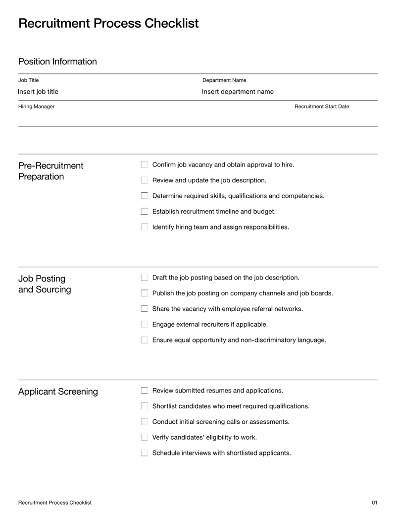 Recruitment Process Checklist with sections for job posting, candidate screening, interviews, selection and onboarding steps
