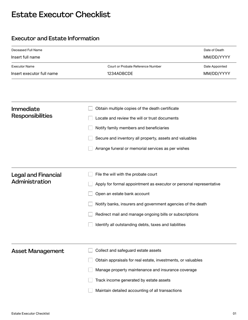 Estate Executor Checklist form listing tasks for probate filing, asset management, beneficiary communication and estate closure