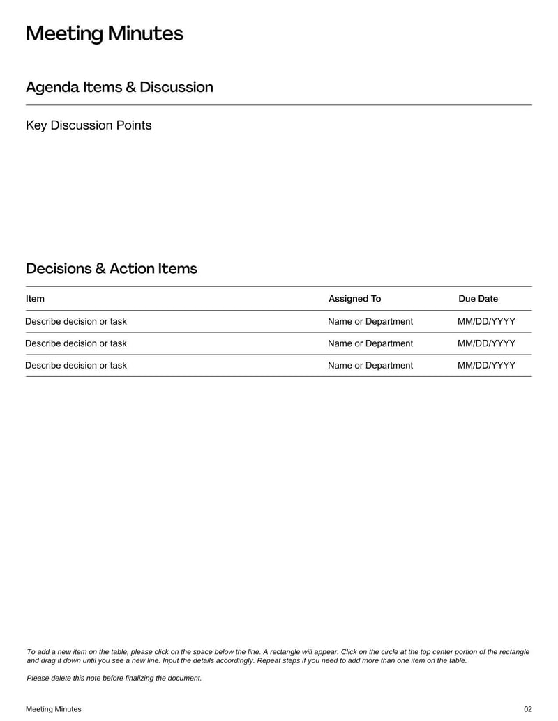 Meeting Minutes Template for recording discussions, decisions, and action items from meetings 