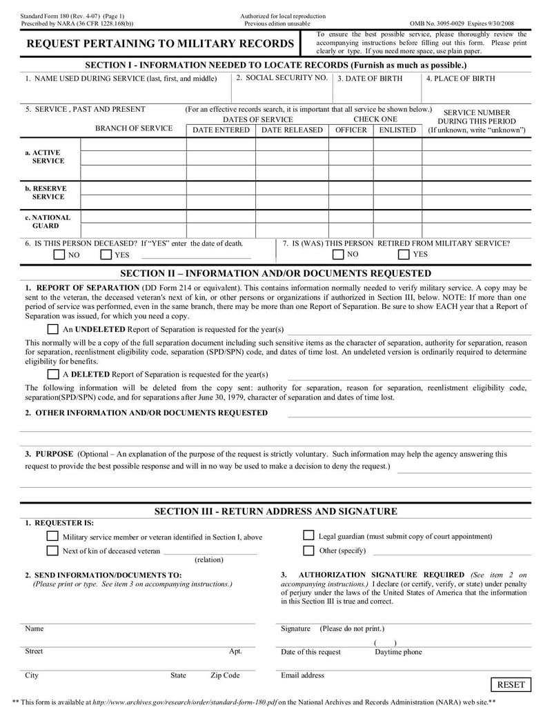 Large thumbnail of Instruction and Information Sheet for Standard Form 180 - May 2007