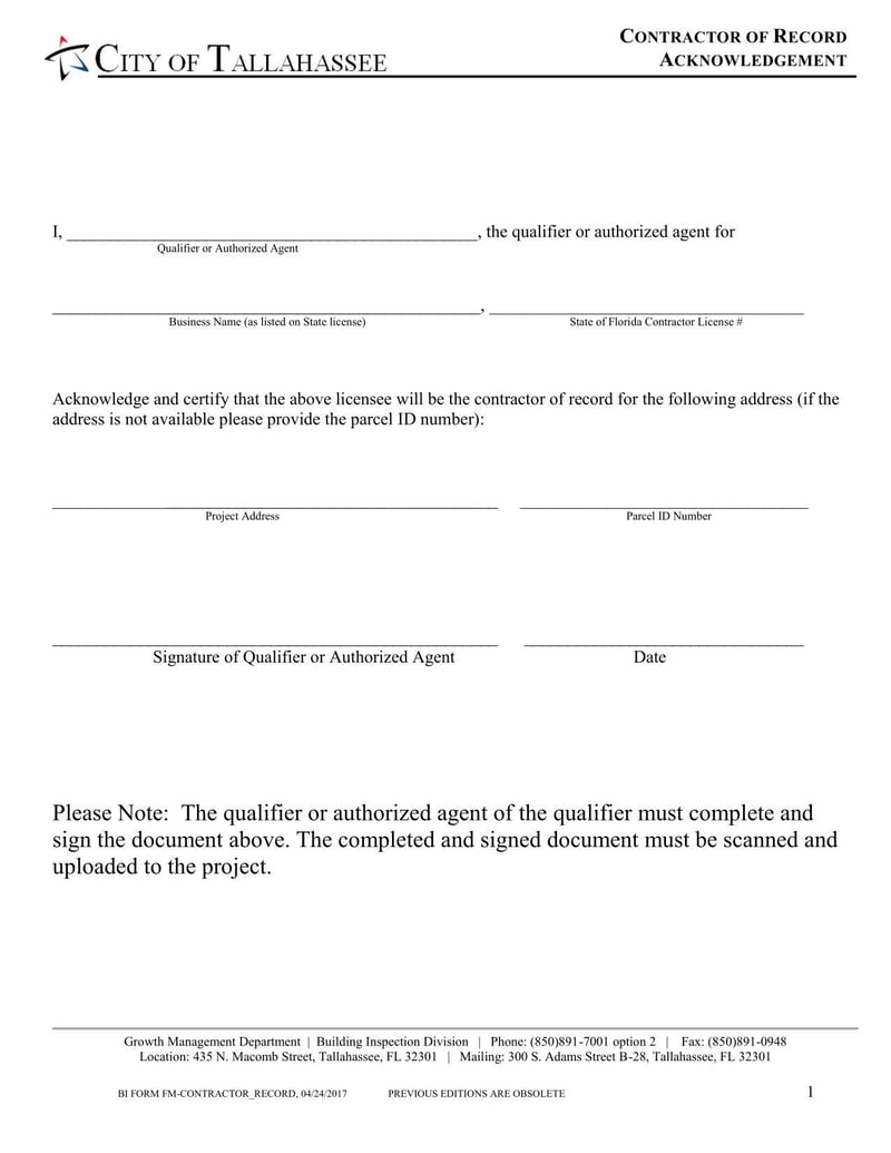 Large thumbnail of City of Tallahassee Contractor of Record Acknowledgement