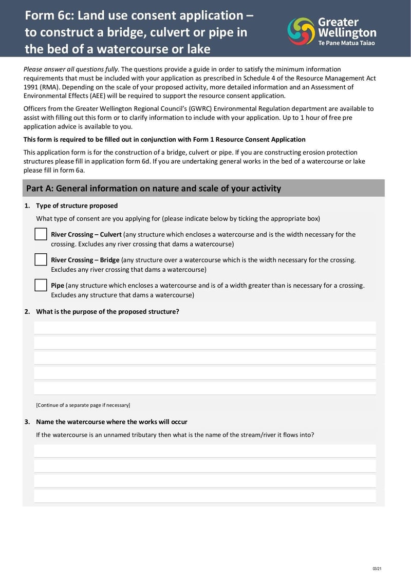 Large thumbnail of Form 6c Land Use Consent Application to Construct a Bridge, Culvert or Pipe in the Bed of a Watercourse or Lake - Mar 2021