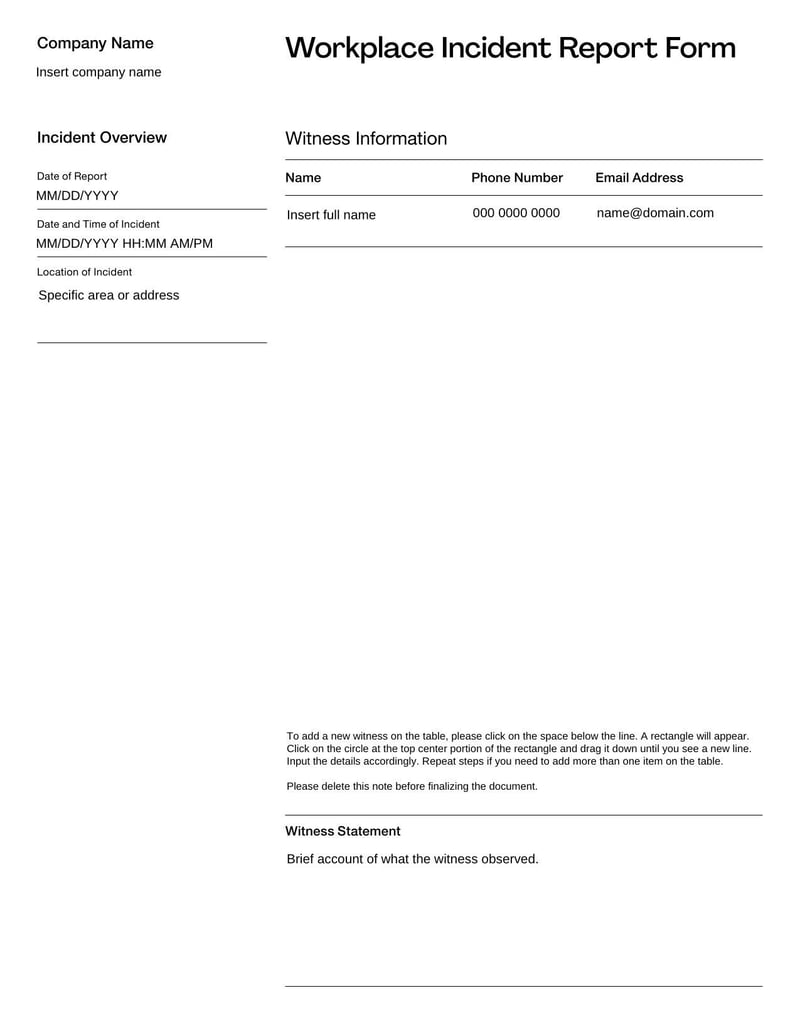 Workplace Incident Report Form for documenting details of incidents in the workplace