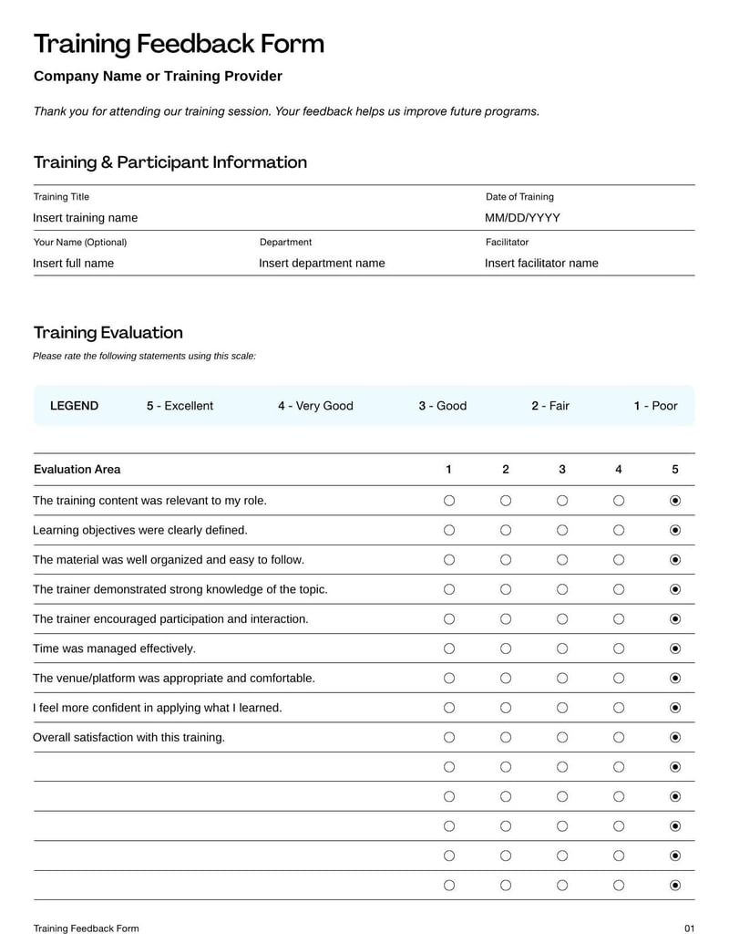 Training Feedback Form for gathering participant insights on training effectiveness and areas for improvement