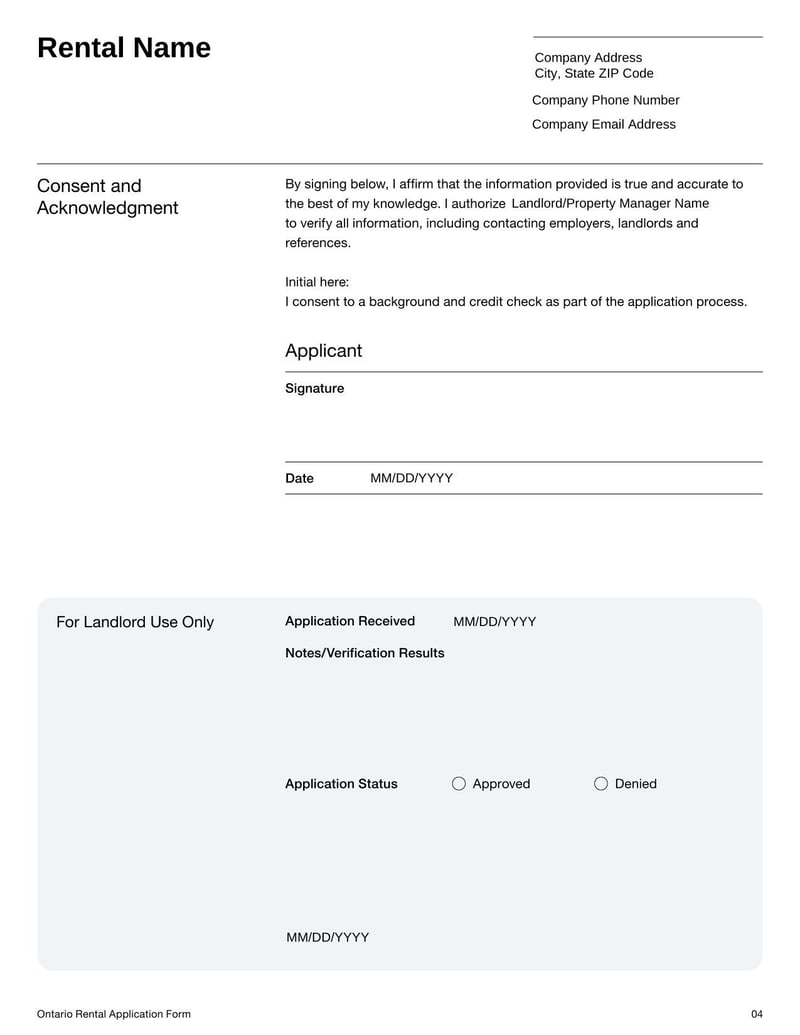 Rental Application Form Ontario for submitting tenant details in Ontario
