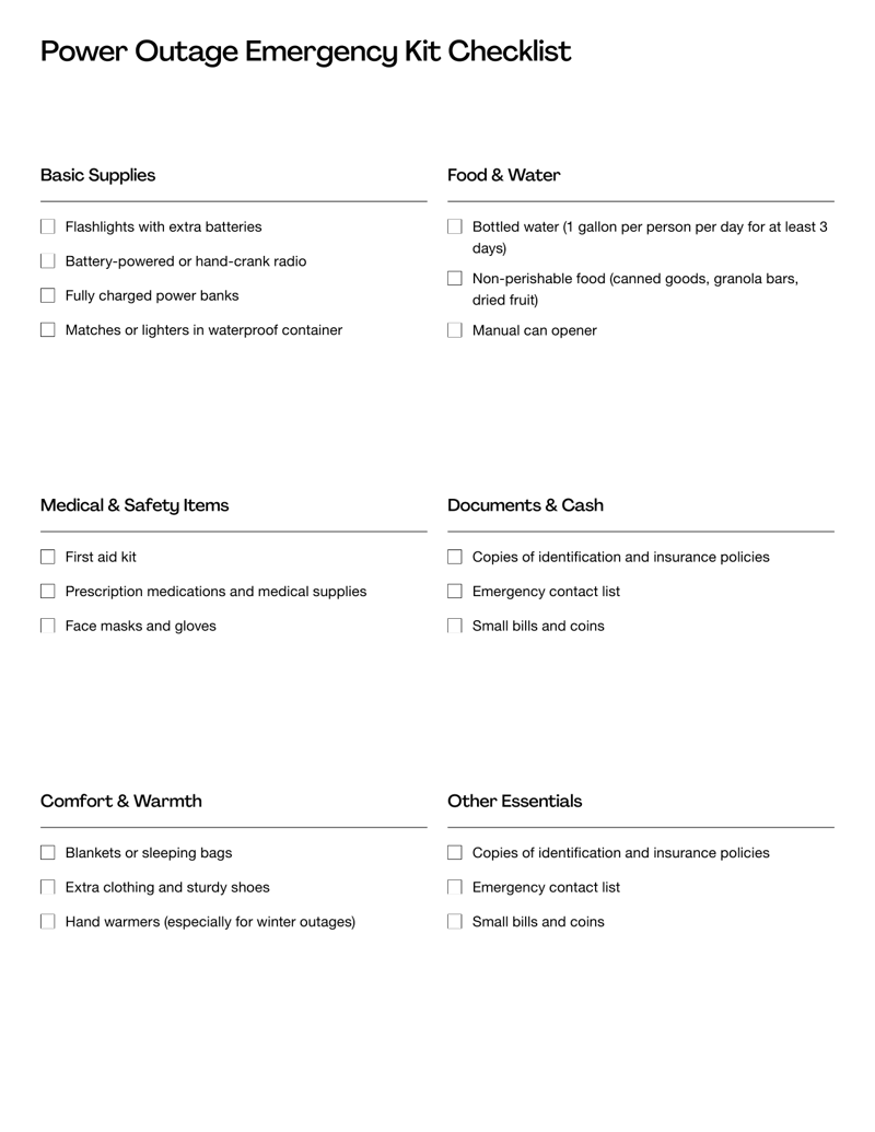 Power Outage Emergency Kit Checklist with supply categories for safety, food, water and medical items