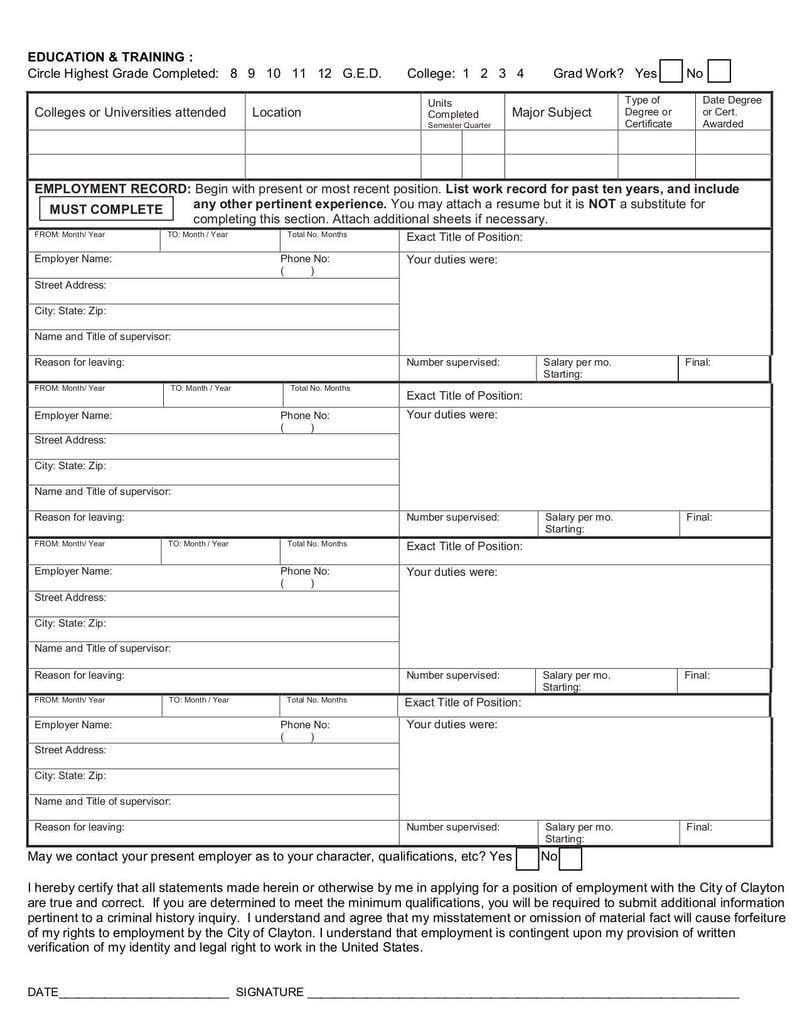 Large thumbnail of City of Clayton Employment Application Form - May 2014