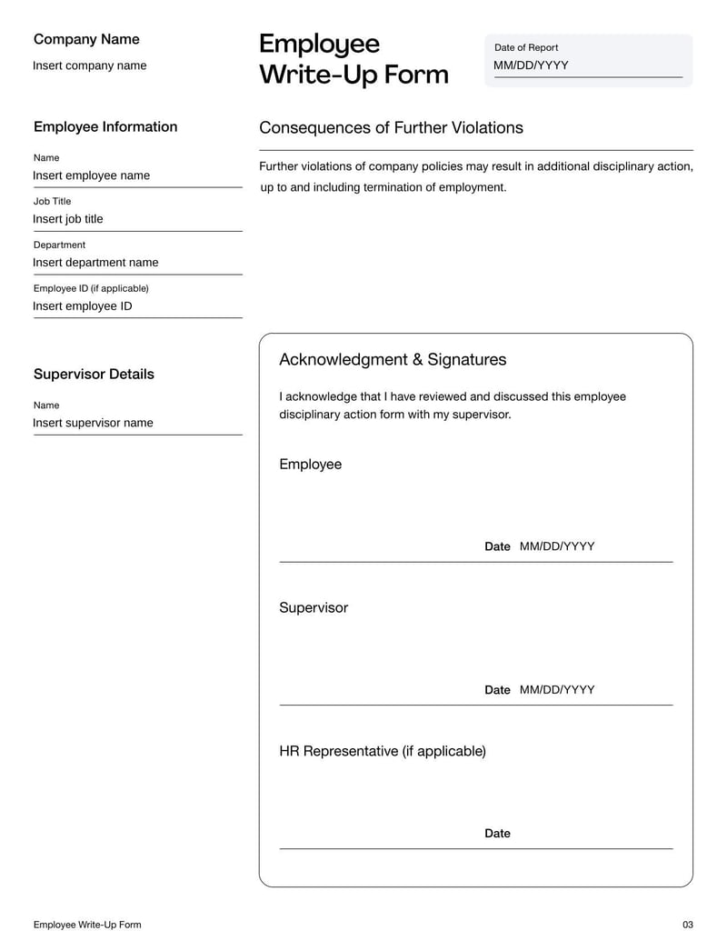 Employee Write Up Form for documenting workplace policy violations or performance issues
