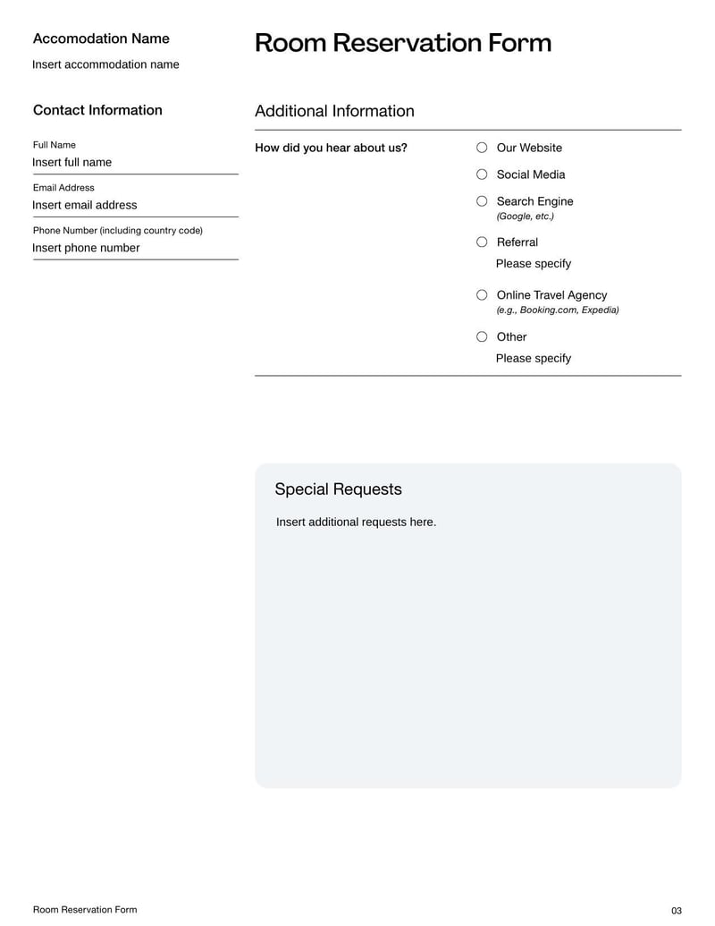 Room Reservation Form for booking a space for meetings, events, or lodging with specified dates and times