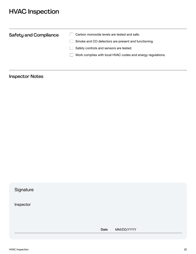 HVAC Inspection Checklist for system performance, filters, ductwork and safety compliance