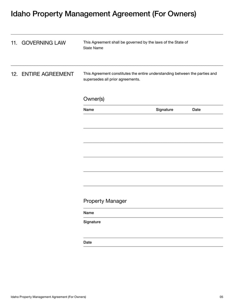 Property Management Agreement for Idaho  property owners detailing terms for managing rental properties