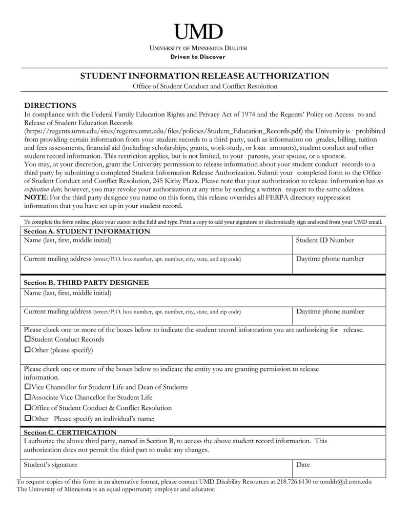 Large thumbnail of UMD Student Information Release Authorization