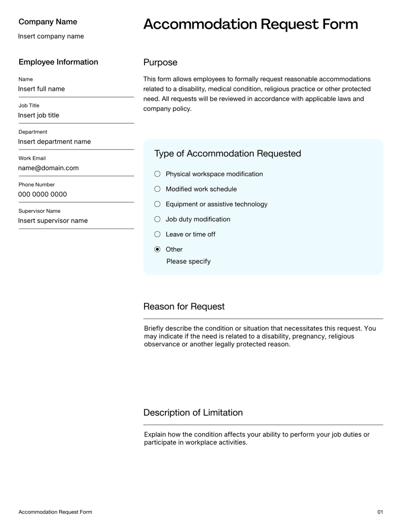 Accommodation Request Form for submitting workplace accommodation due to disability, religion or medical needs