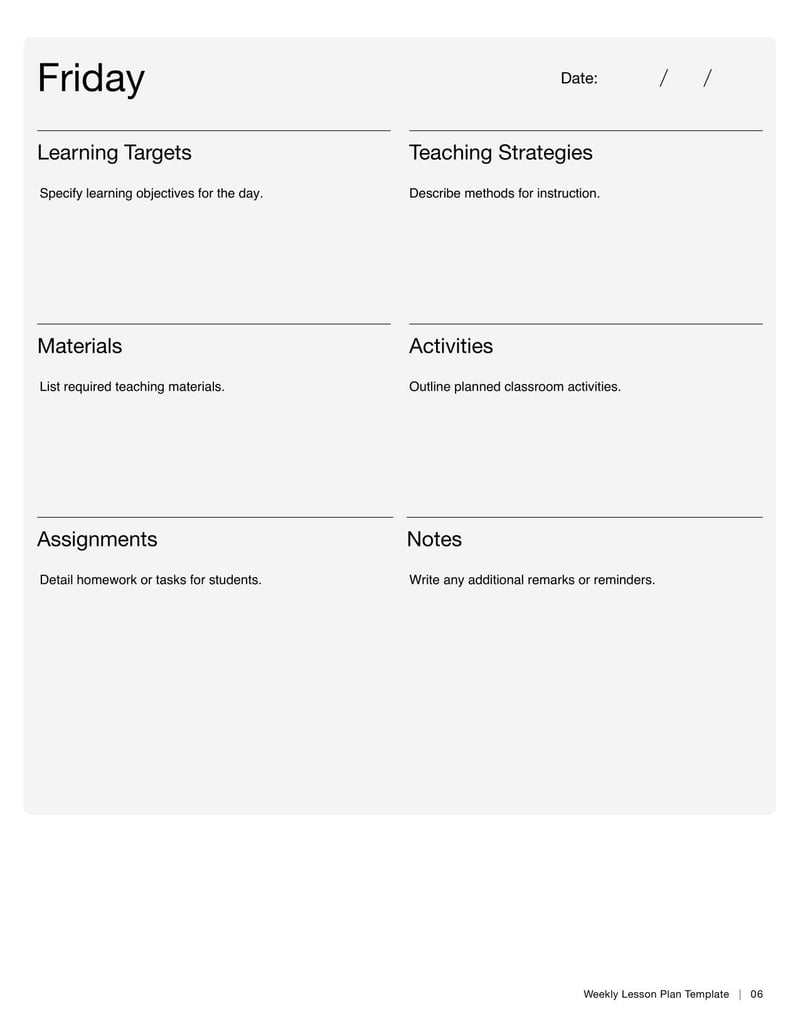 Weekly Lesson Plan Template for organizing weekly instructional activities and objectives